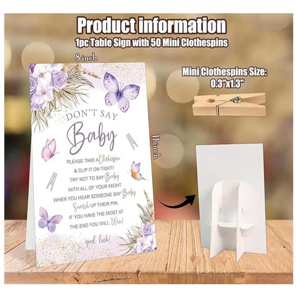 Don't Say Baby Signs for Baby Shower Games, 1 Sign(5x7),50 Mini Clothespins,PINK